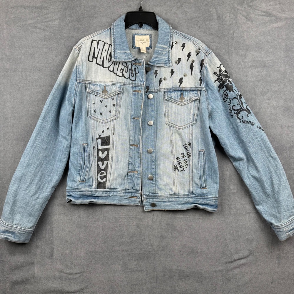 Forever 21 Denim Jacket‎ Studded Graphic Print Mad Love Freedom Rules Large